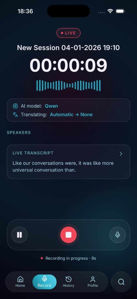 Voclaris app recording screen preview